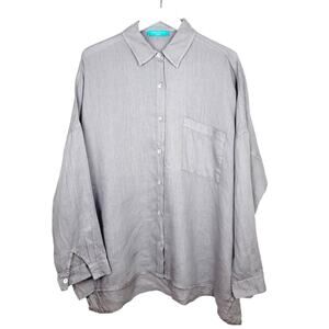 Haris Cotton Curve Gray Oversized 100% Linen Abalone Buttons Shirt - Size M